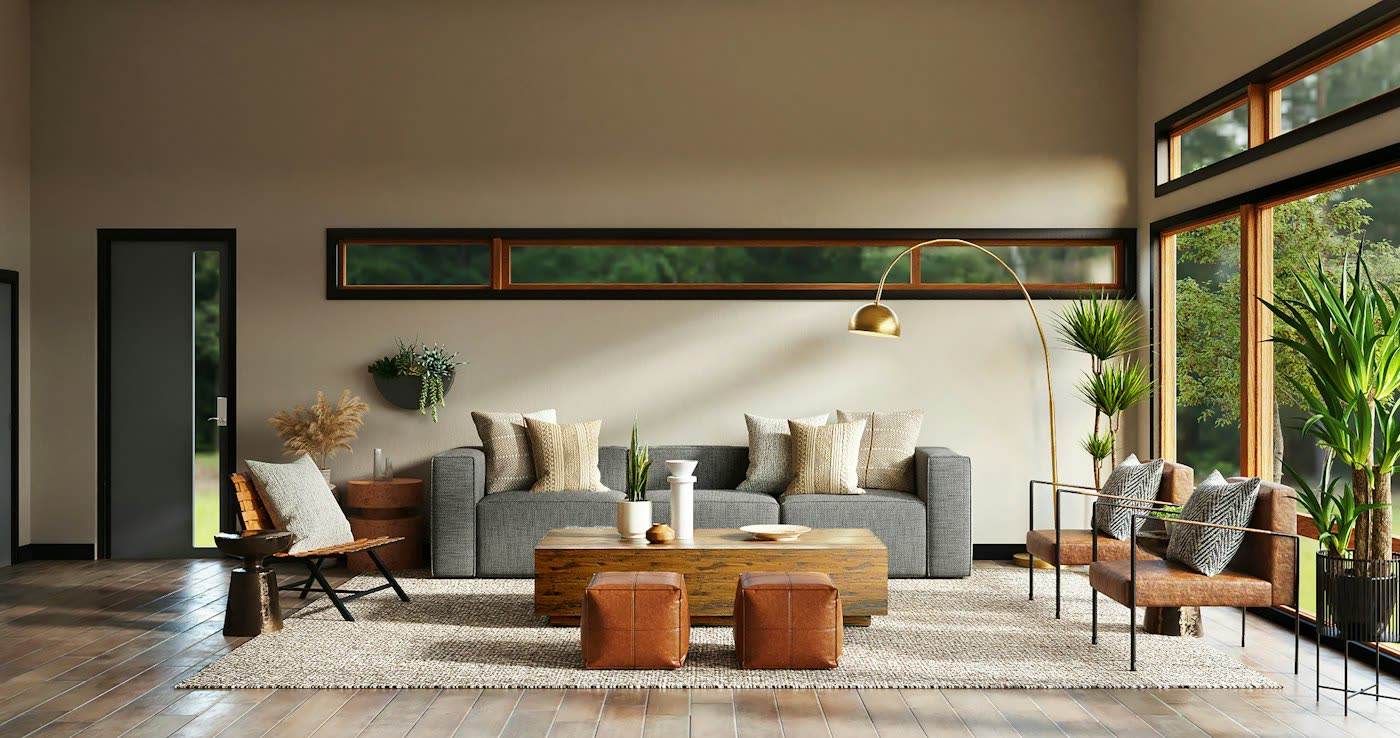 Interior detail with a pale sofa and sculptural side table