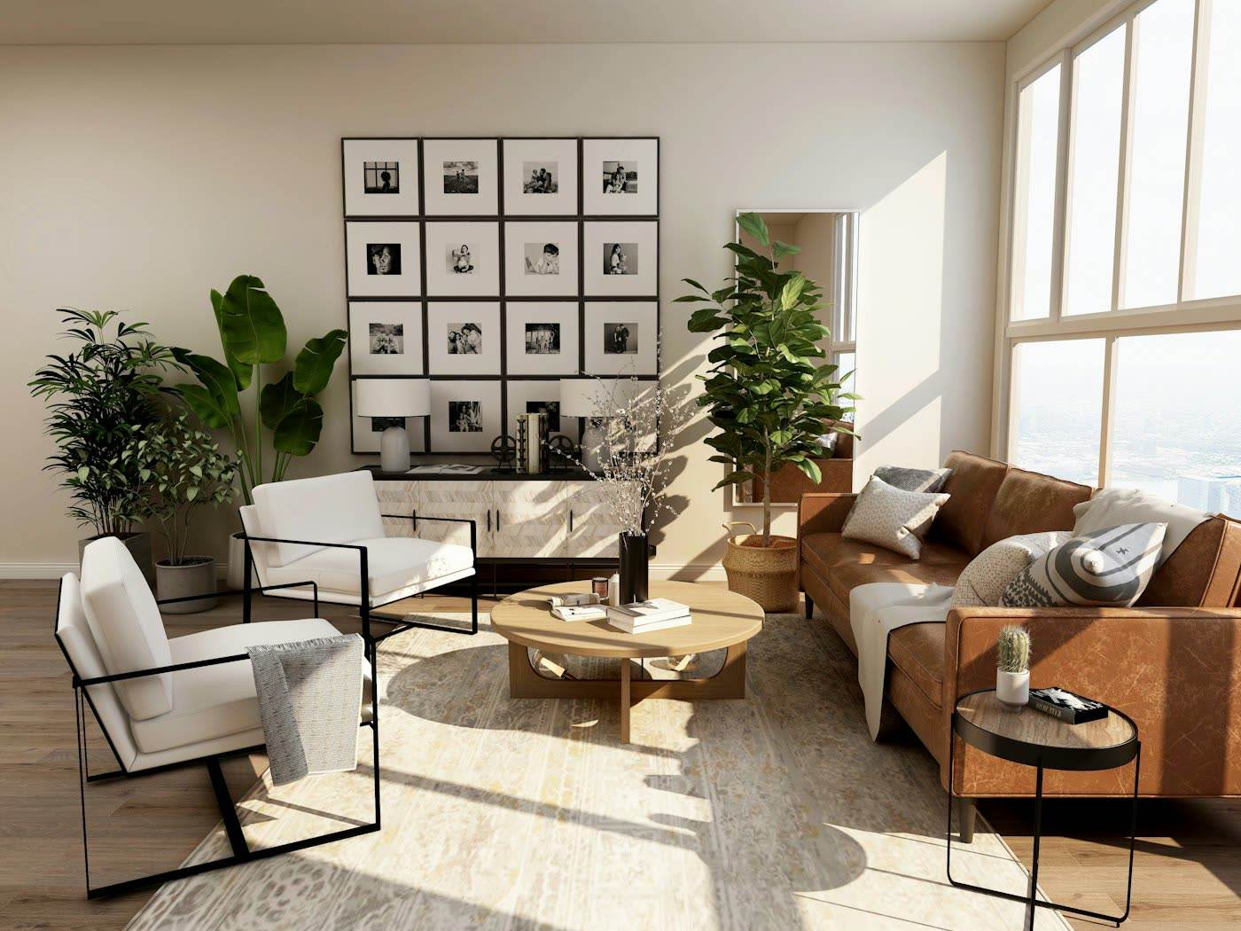 Warm living room with wood and a sofa